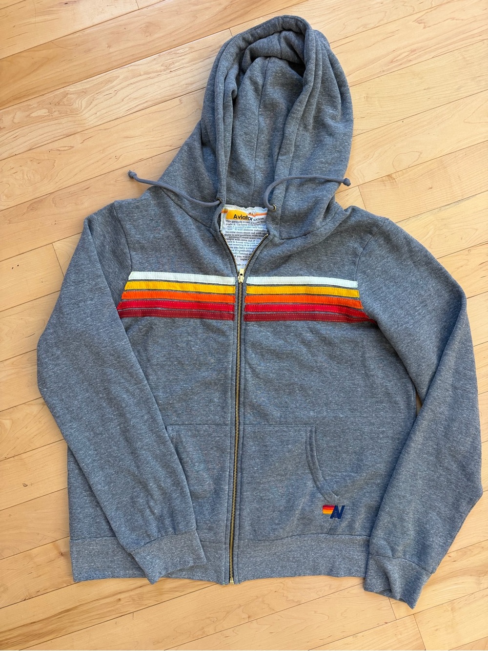 Aviator Nation Gray Zip Hoodie with Red, Orange & Yellow Stripes